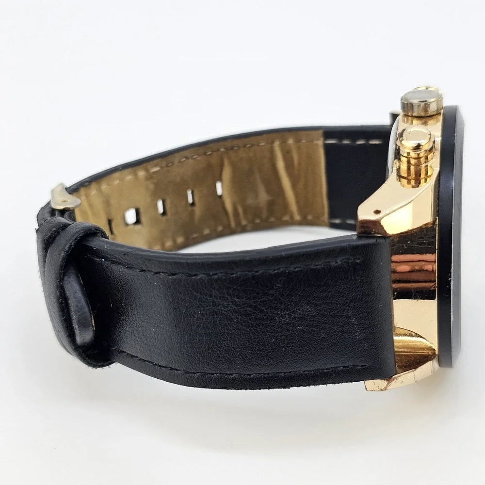 Men's Analog Watch 46MM Black Dial Black Faux‎ Leather Bands New Battery